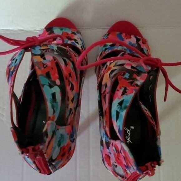 STILETTO HEELS PUMPS SHOES Pink Floral Peep Toe Lace Up Qupid Women's WOMAN'S 10 - Picture 6 of 16